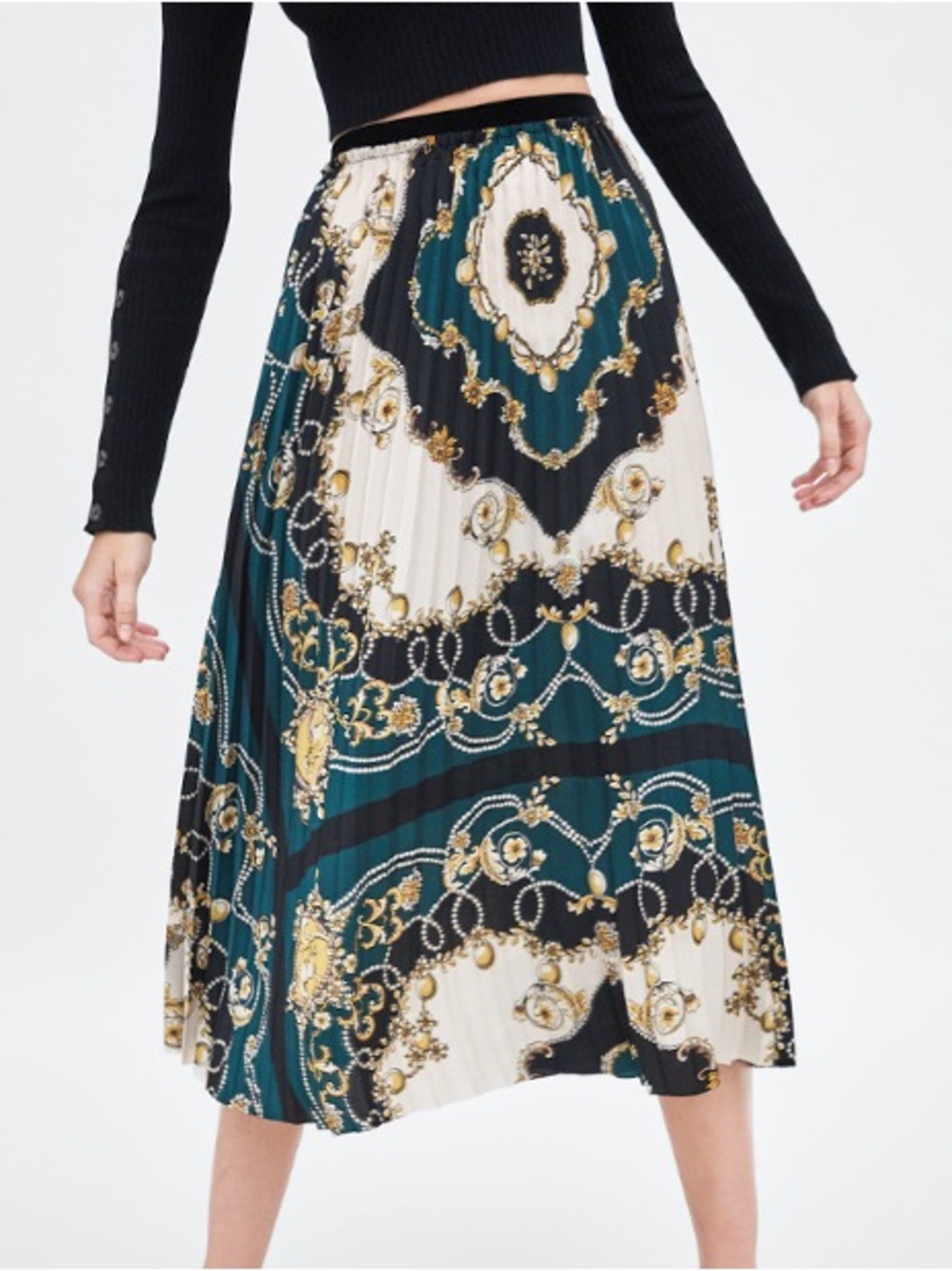 Zara size xs Pleated Baroque Print Midi Skirt - Teal/Black/White